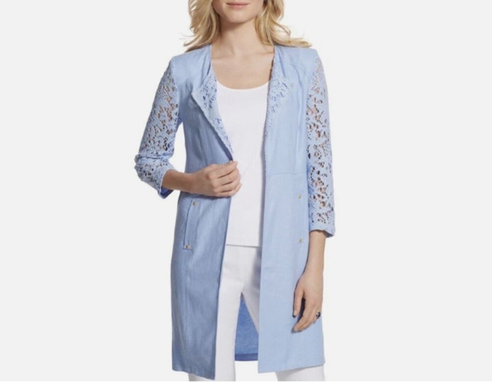 Chicos XL Lace Mix Duster Jacket Open Front 3/4 Sleeve Linen Coastal